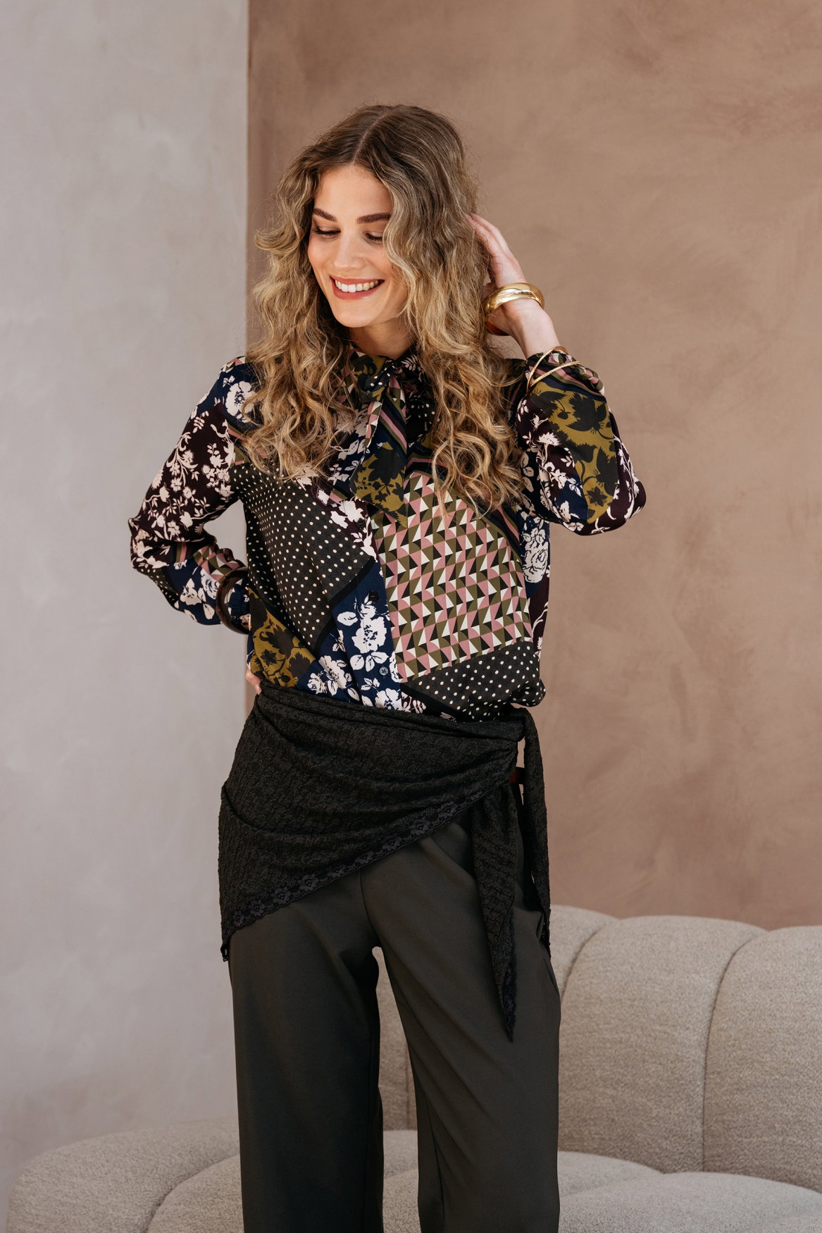 ALISHA PATCHWORK KN-Dark Khaki multi