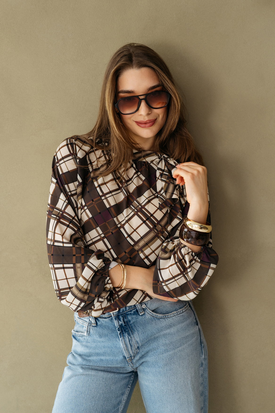 ANNETTE CHECK KN-Dark Khaki multi